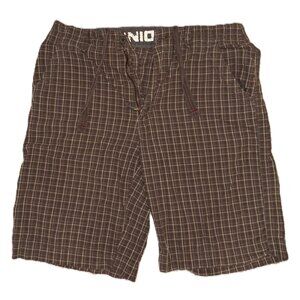 Vintage Unionbay Mens Brown Plaid Cargo Shorts Size 34 Drawstring Waist Pockets